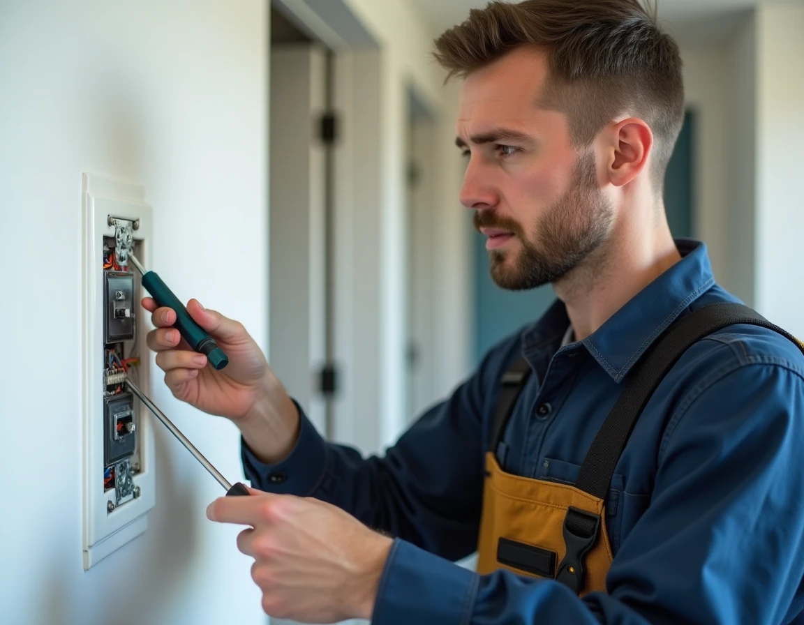 Électricien examinant un interrupteur Legrand double va-et-vient démonté sur un mur blanc avec tournevis