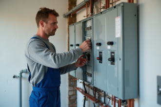 Électricien inspectant un tableau électrique moderne