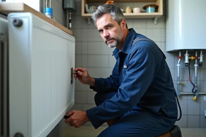 Électricien en overalls examinant radiateur et chauffe-eau