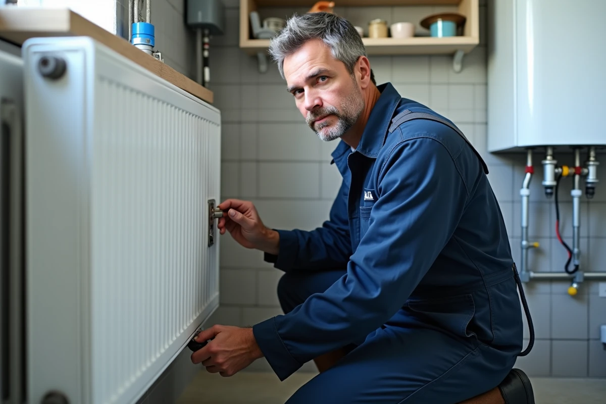 Électricien en overalls examinant radiateur et chauffe-eau