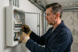 Électricien inspectant un tableau électrique avec disjoncteurs différentiels de type A et AC dans une salle technique résidentielle
