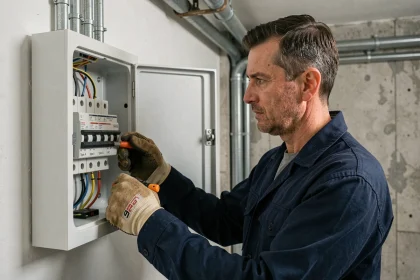 Électricien inspectant un tableau électrique avec disjoncteurs différentiels de type A et AC dans une salle technique résidentielle