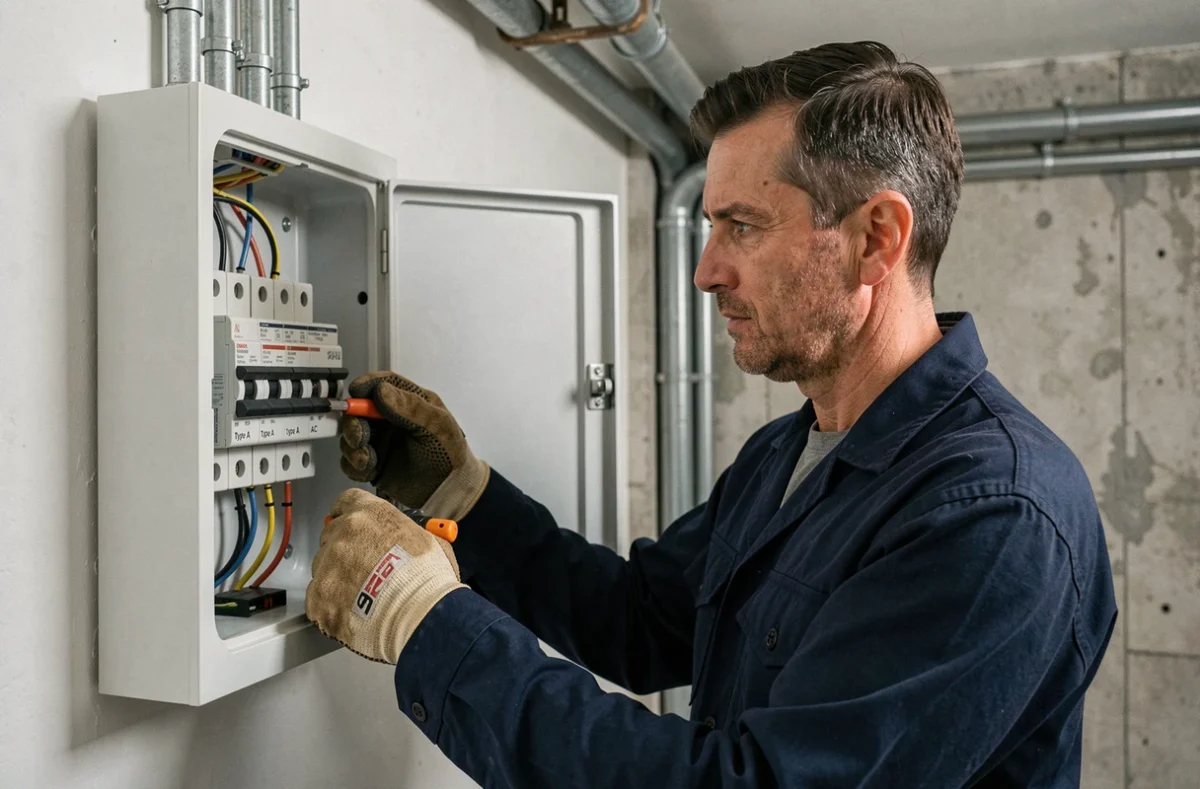 Électricien inspectant un tableau électrique avec disjoncteurs différentiels de type A et AC dans une salle technique résidentielle