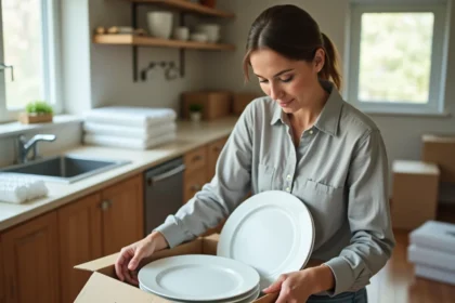 Femme emballant de la vaisselle en céramique dans du papier bulle pour un déménagement dans une cuisine vidée