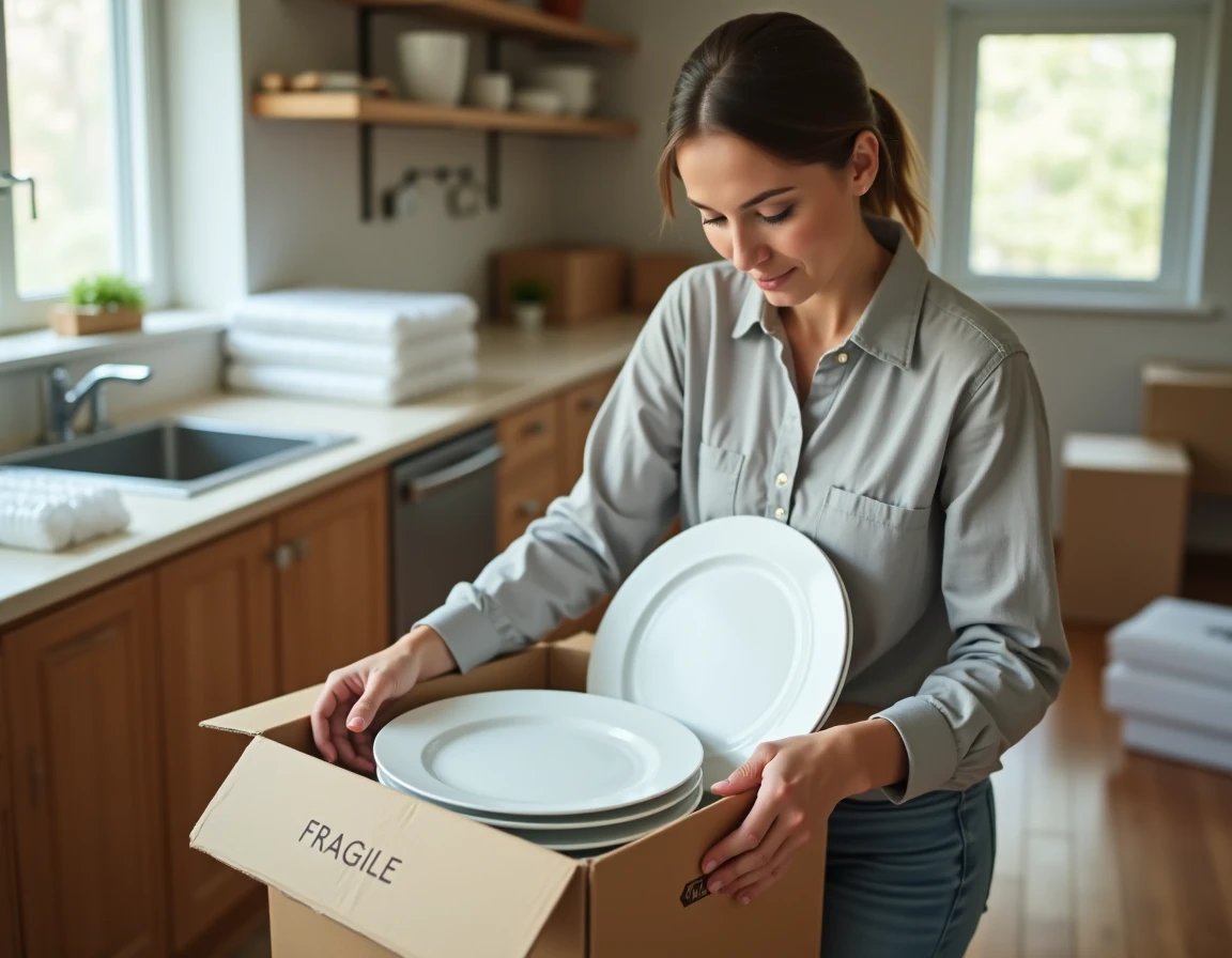 Femme emballant de la vaisselle en céramique dans du papier bulle pour un déménagement dans une cuisine vidée