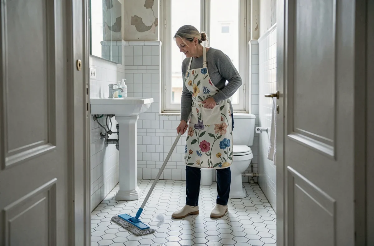 Employée de maison nettoyant le sol d'une salle de bain dans un appartement ancien à Clermont-Ferrand
