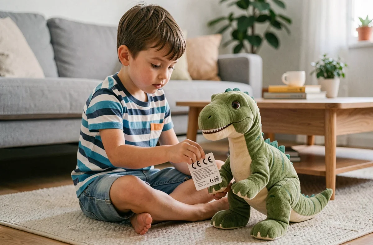 Garçon vérifiant l'étiquette de sécurité CE d'une grande peluche dinosaure dans un salon familial