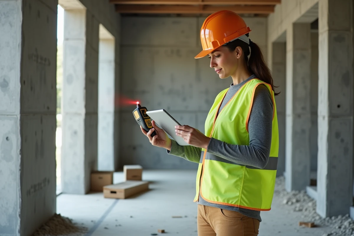 Estimatrice de chantier mesurant un espace en mètres cubes avec un télémètre laser pour établir un devis de travaux