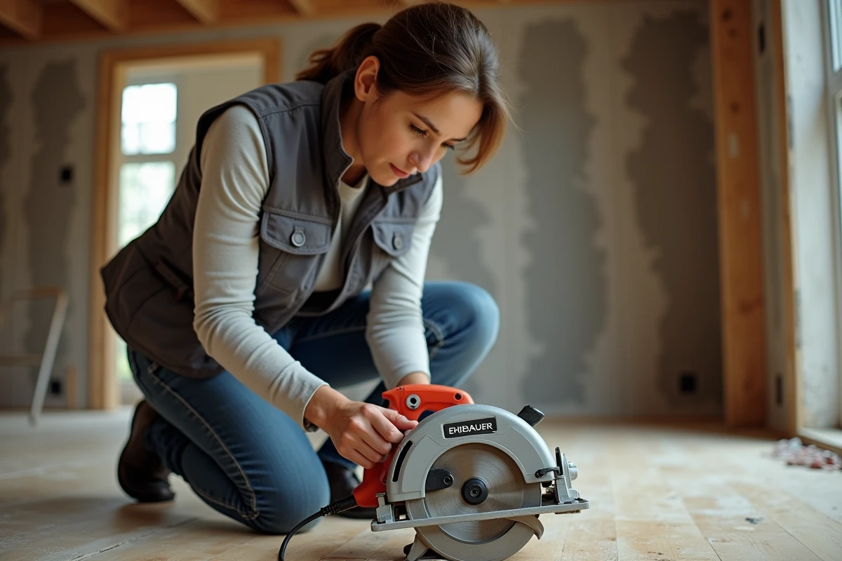 Femme évaluant une scie circulaire Erbauer lors d'une rénovation intérieure, retour d'expérience utilisateur détaillé