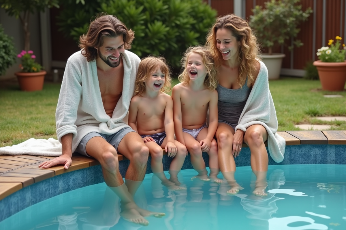 Famille avec enfants dans un jardin autour d