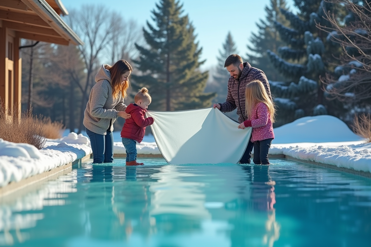 Famille préparant la couverture de la piscine en hiver