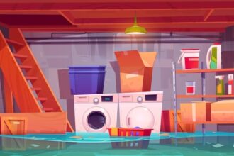garage inondé avec une pompe électrique en action pour évacuer l'eau