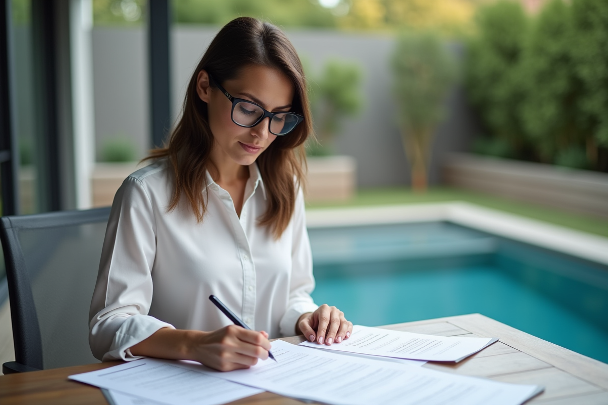 Femme professionnelle lisant des documents près de la piscine