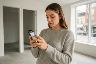Femme utilisant l'application Lamaison360 sur smartphone lors d'une visite virtuelle d'appartement vide
