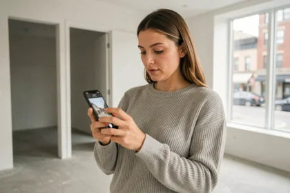 Femme utilisant l'application Lamaison360 sur smartphone lors d'une visite virtuelle d'appartement vide
