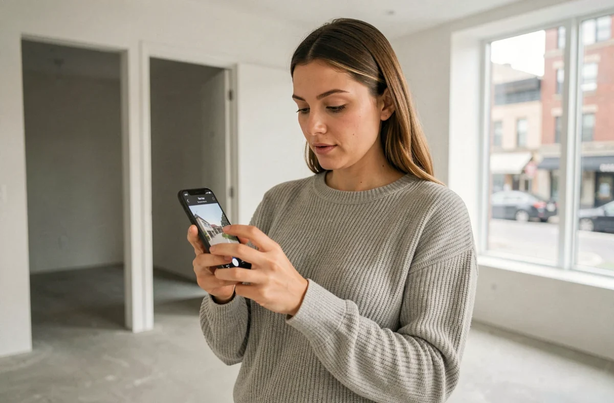 Femme utilisant l'application Lamaison360 sur smartphone lors d'une visite virtuelle d'appartement vide
