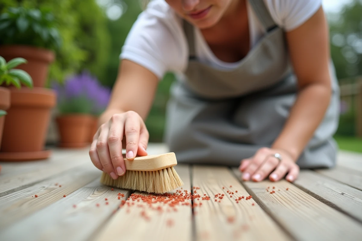 Femme utilisant une brosse naturelle pour chasser des petits insectes rouges sur une terrasse en bois sans produits chimiques