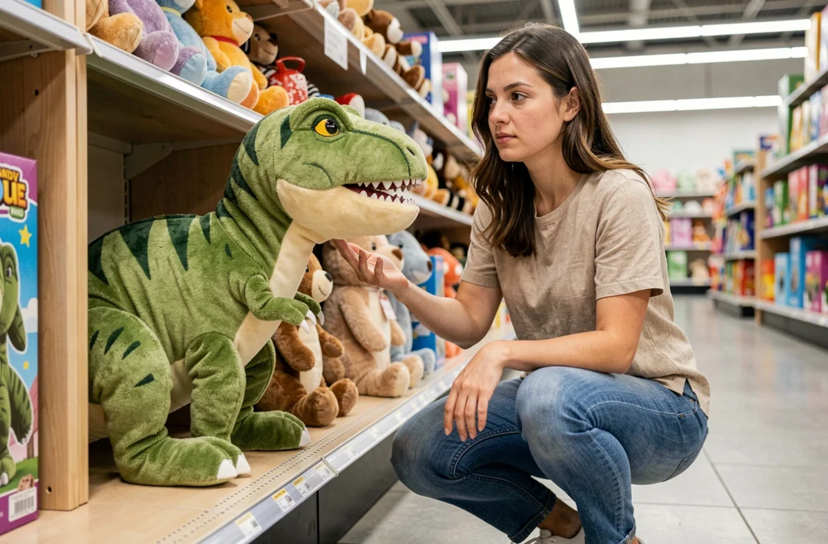Femme adulte choisissant une peluche dinosaure géante dans un magasin de jouets