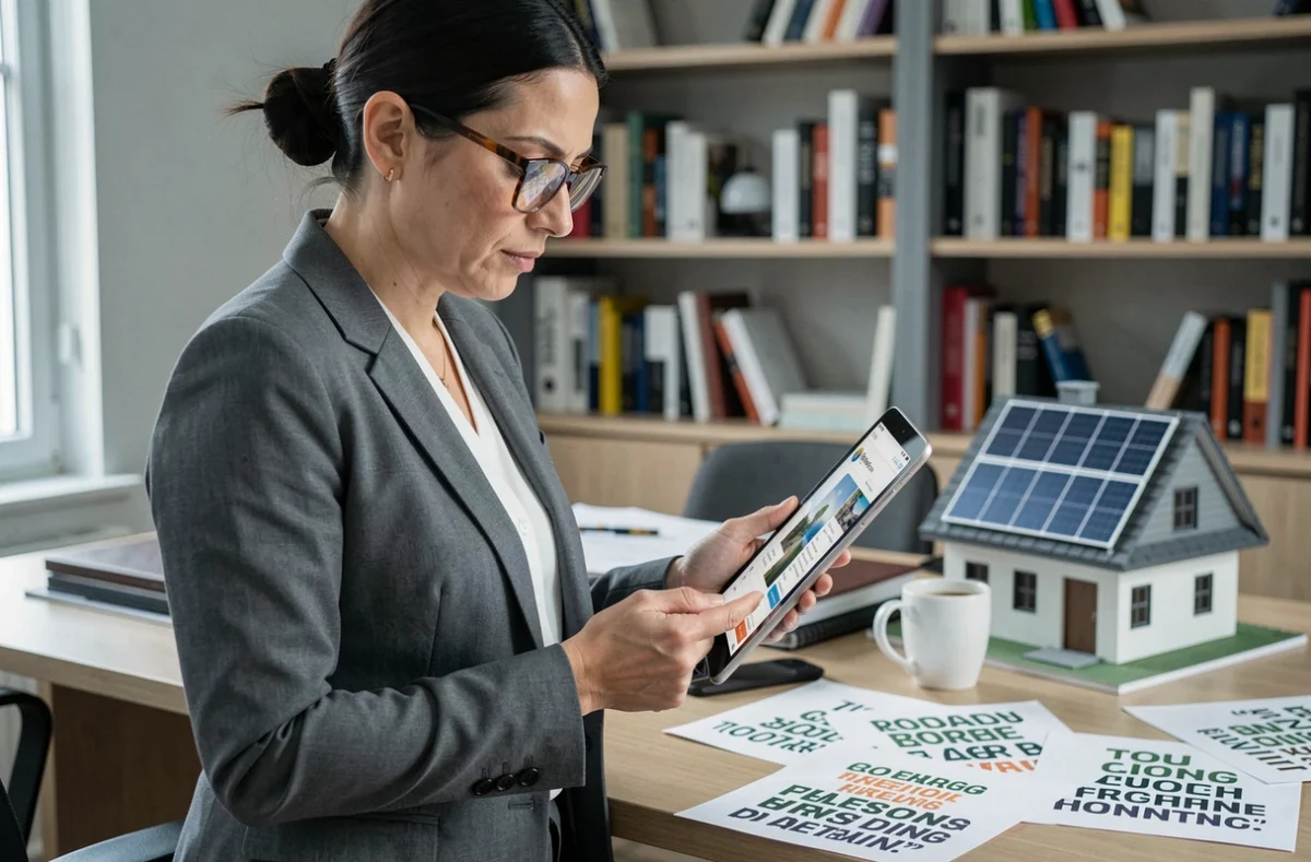 Femme comparant les prix de panneaux solaires sur une tablette dans un bureau à domicile moderne