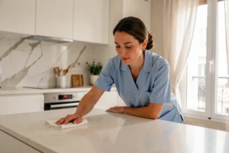 Femme de ménage professionnelle en uniforme bleu nettoyant un plan de travail dans un appartement parisien moderne