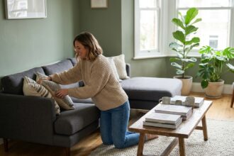 Femme souriante arrangeant des coussins dans un salon moderne