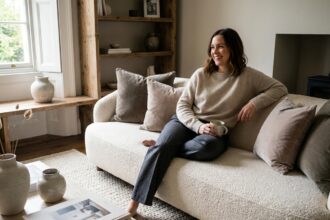 Femme détendue en salon avec cashmere et sofa