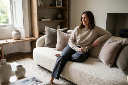 Femme détendue en salon avec cashmere et sofa