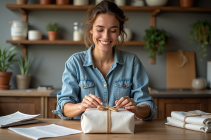 Femme souriante emballant un colis avec tissu recyclé