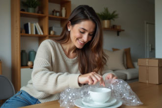 Femme emballant des vaisselles fragiles avec du papier bulle