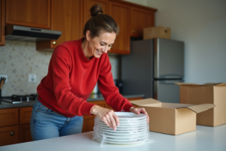 Femme emballant des assiettes en porcelaine dans la cuisine