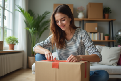 Jeune femme emballant des cartons dans un salon moderne