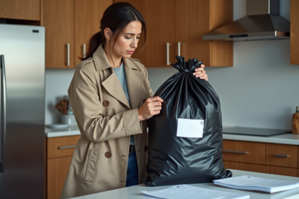Femme en trench et jeans attachant un sac poubelle noir
