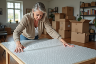Femme emballant une grande table en plastique dans un salon lumineux