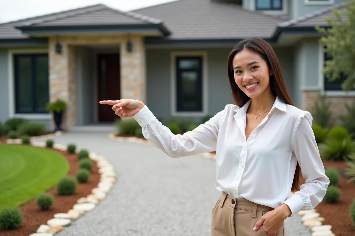 Femme souriante pointant vers une allée en gravier devant une maison moderne