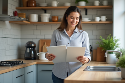 Femme souriante comparant des échantillons de portes de cuisine