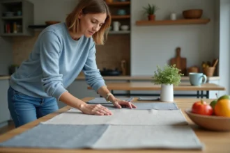 Femme en bleu évaluant des échantillons de housse de table