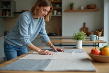 Femme en bleu évaluant des échantillons de housse de table
