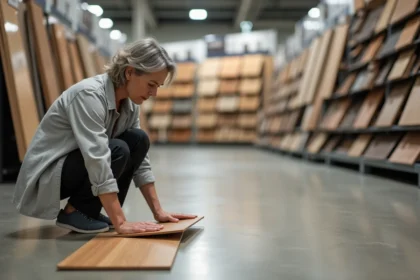 Femme inspectant un échantillon de lino dans un magasin de bricolage pour éviter un revêtement de sol bas de gamme