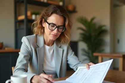 Femme qui lit attentivement un devis travaux papier à la maison, illustrant la compréhension d'un devis de chantier