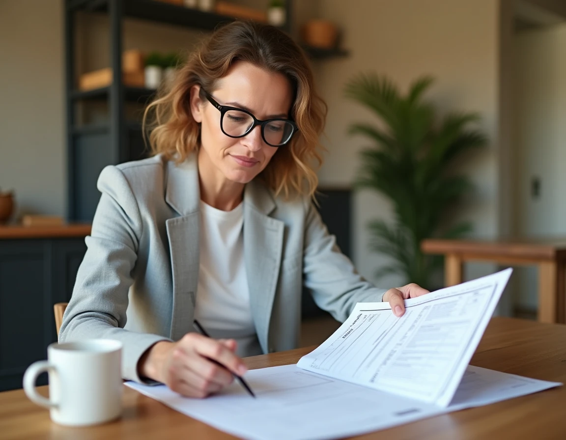 Femme qui lit attentivement un devis travaux papier à la maison, illustrant la compréhension d'un devis de chantier