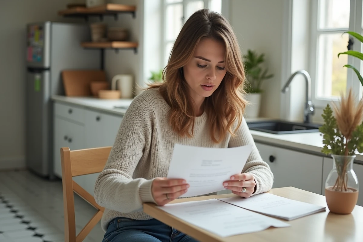 Jeune femme lisant un devis de carrelage dans la cuisine