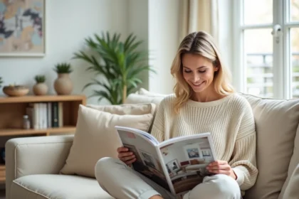 Femme passionnée de décoration intérieure feuilletant un magazine maison sur un canapé en lin