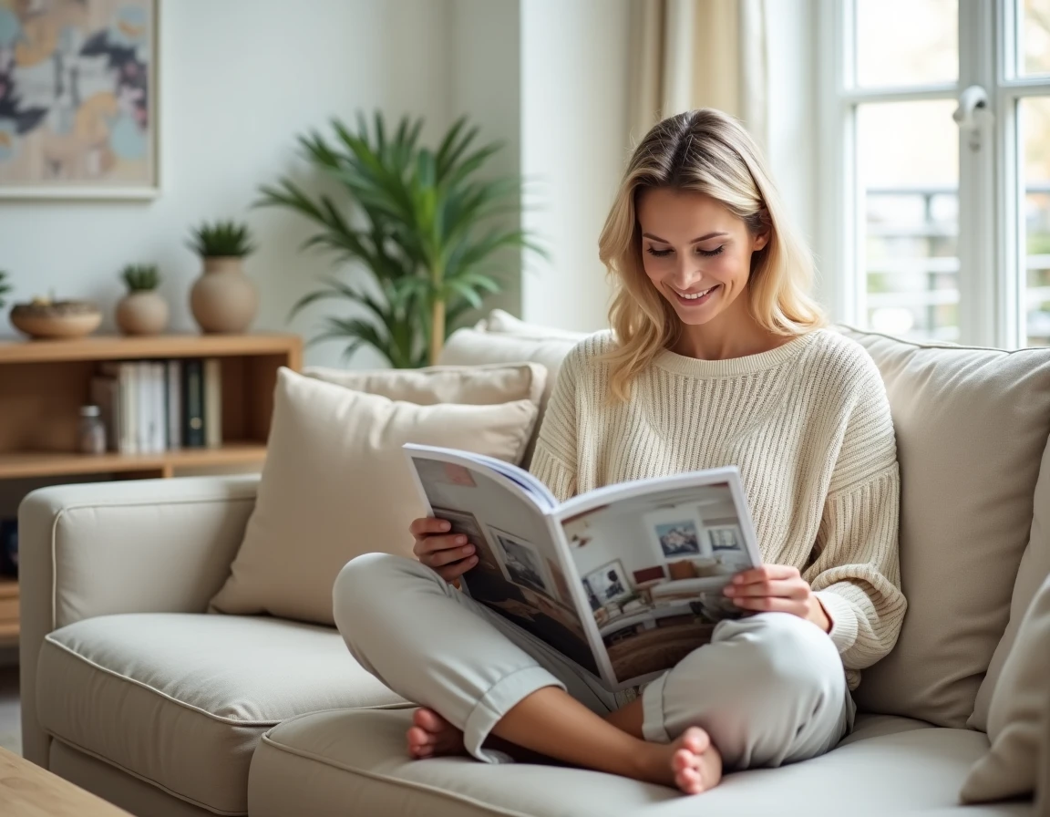 Femme passionnée de décoration intérieure feuilletant un magazine maison sur un canapé en lin