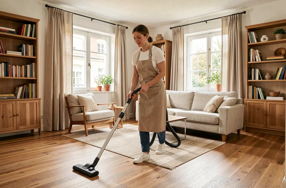 Femme de ménage passant l'aspirateur dans un salon moderne d'une maison à Antony
