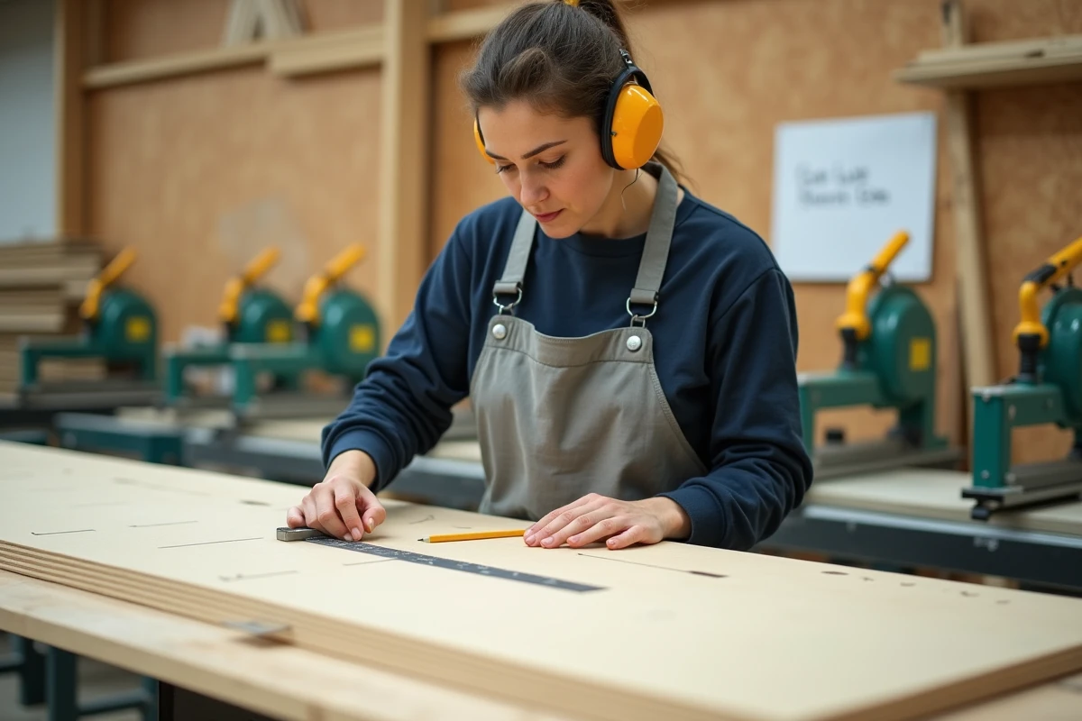 Professionnelle en menuiserie évaluant des panneaux MDF devant une rangée de scies radiales dans un atelier de production