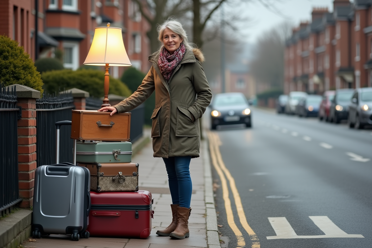 Femme reposant sa main sur des objets de déménagement sur le trottoir