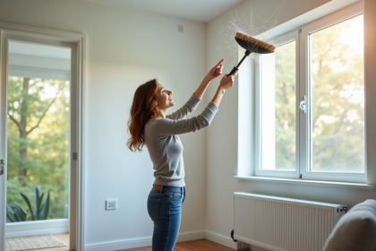 Femme en jeans nettoyant des toiles d'araignée dans un salon lumineux