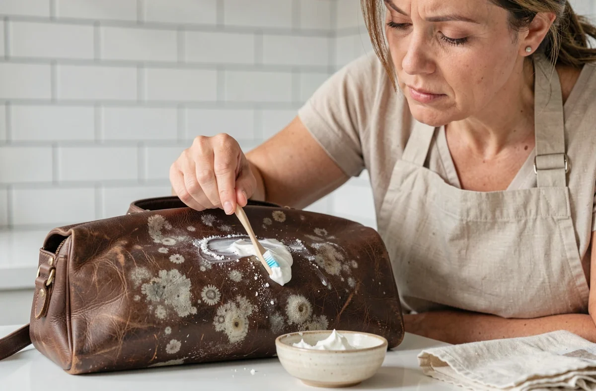 Femme nettoyant un sac en cuir moisi avec une pâte de bicarbonate de soude dans une cuisine
