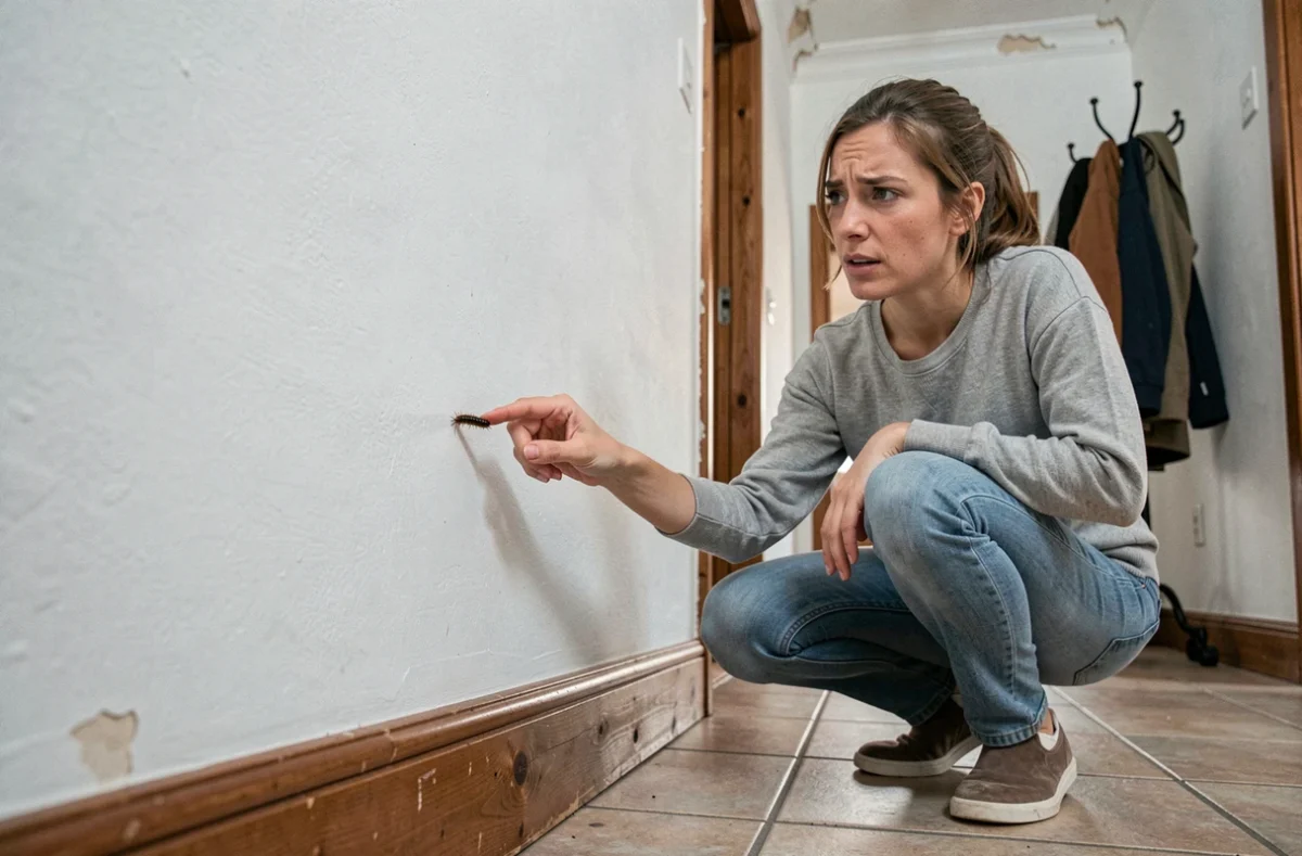 Femme observant une petite chenille sur le mur de son couloir intérieur