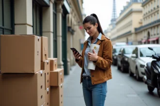 Femme parisienne vérifiant son smartphone près de meubles anciens